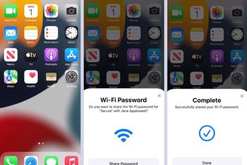 iPhone offers a pop-up for easy Wi-Fi password sharing with close contacts.